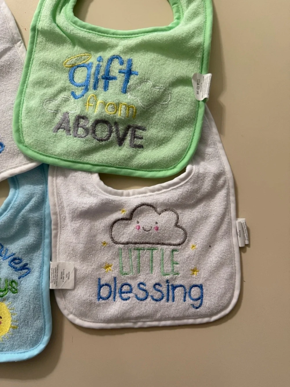 Baby Bib Set - Green, Blue, White Embroidered 'Little Blessing' & More set of 4